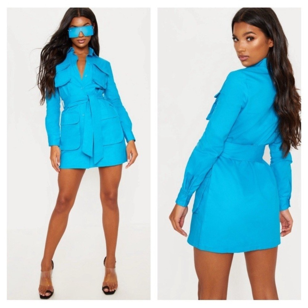 Pretty Little Thing 10 Utility Dress Blue Tie Waist Button Up Shirt Mini Twill